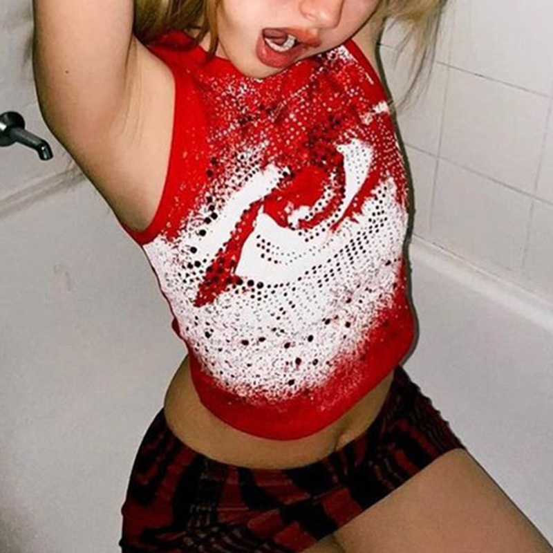 Áo Croptop Không Tay Cổ Tròn In Họa Tiết Đôi Mắt To Màu Gradient Phong Cách Harajuku Gothic Punk Cho Nữ