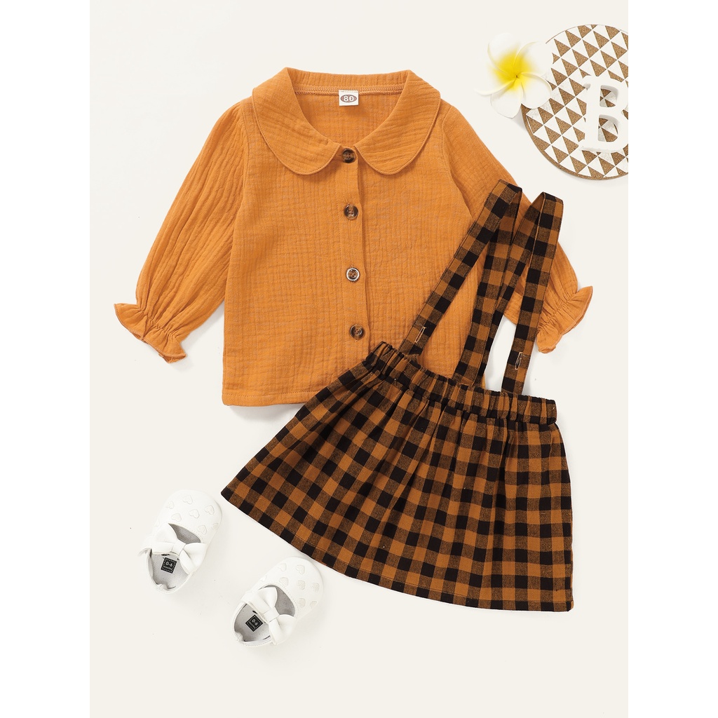 Set 2 món MIKRDOO gồm áo sơ mi dài tay cổ peter pan và chân váy yếm cotton sọc caro cho bé gái sơ sinh