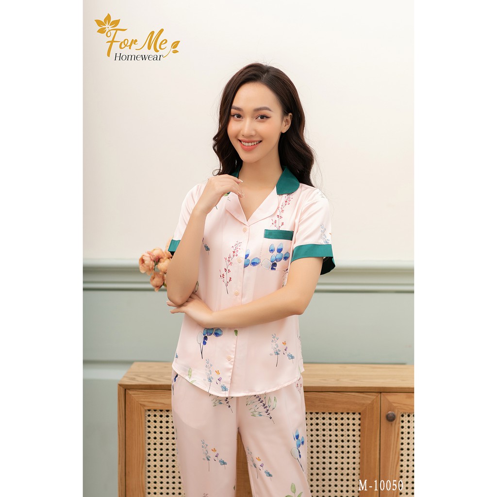 Bộ đồ ngủ, mặc nhà chất Lụa Giấy Luxury ngắn tay quần dài phối cổ họa tiết mã 10 ,forme pijama