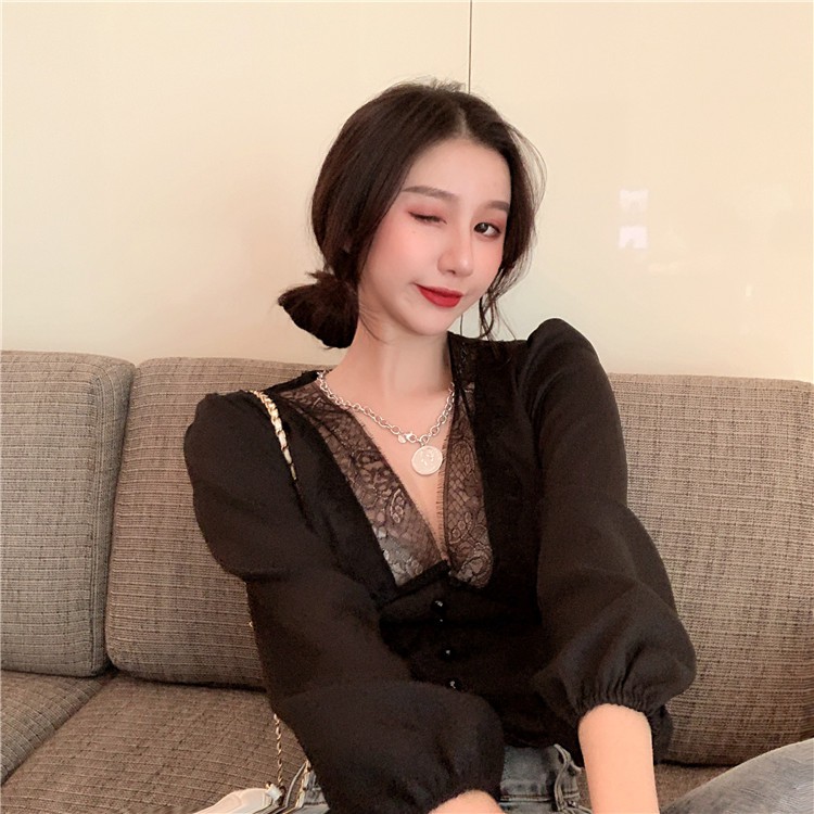 [Mã WASTUP giảm 10% tối đa 30K đơn 99K] SẴN Áo sơ mi cổ V viền ren hoa ôm eo tôn dáng cực sang J0061 | BigBuy360 - bigbuy360.vn