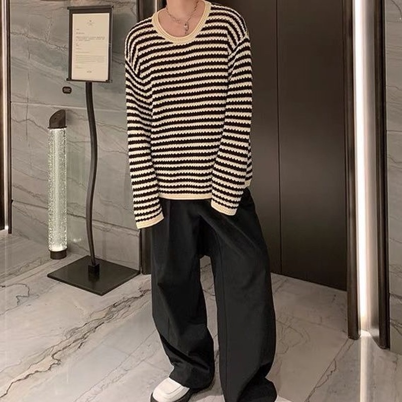 Áo Sweater Dệt Kim Cổ Tròn Họa Tiết Kẻ Sọc Màu Sắc Tương Phản Thời Trang Mùa Thu 2022 Cho Nam