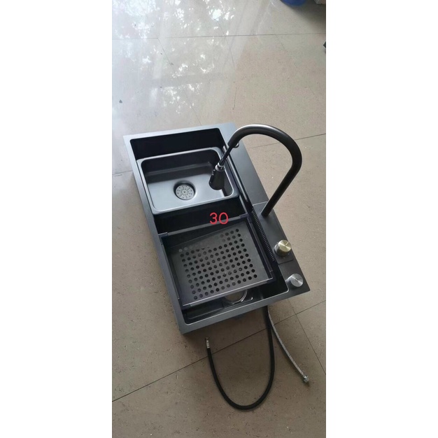 COMBO chậu rửa chén 1 hố kèm vòi nóng lạnh rút dây, sơn tĩnh điện công nghệ nano có chế độ rửa kiểu thác nước