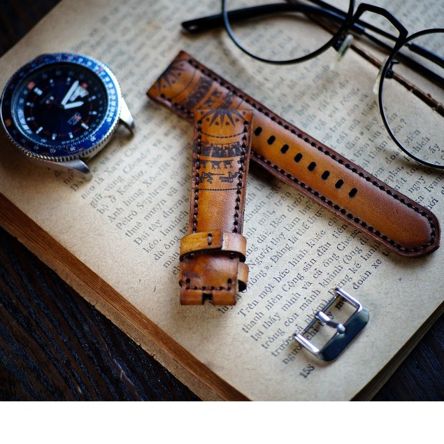 Dây đồng hồ Apple Watch , Iwatch , Iphone Watch Da Bò Italia Vegtan Nâu Sáng Trống Đồng Việt Nam RAM Leather  Bền Đẹp