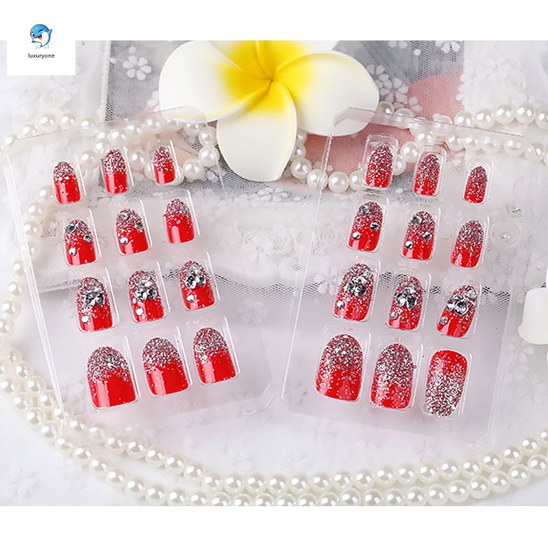 [Hàng mới về] Hộp 24 móng tay giả đính đá 3D lấp lánh cho cô dâu