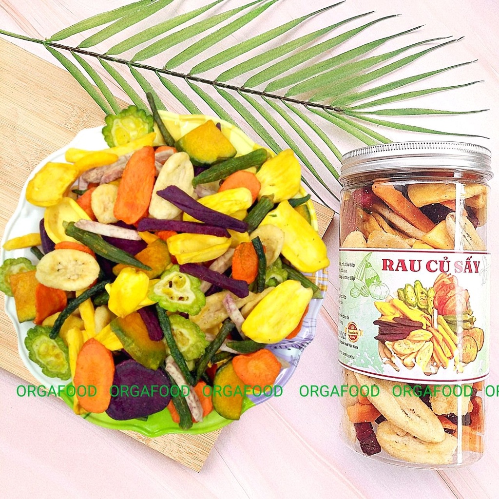 Trái cây sấy thập cẩm Orgafood, hàng nguyên loại 1 đặc sản Đà Lạt, hũ 300g, rau củ sấy, ăn vặt healthy, giảm cân