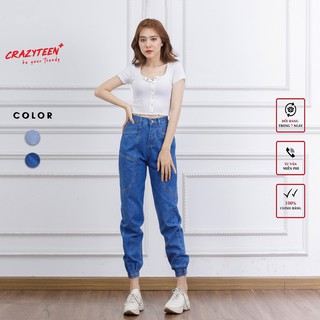 Quần jean nữ CRAZYTEEN dáng jogger ống bo chun phối đường may độc đáo K0064