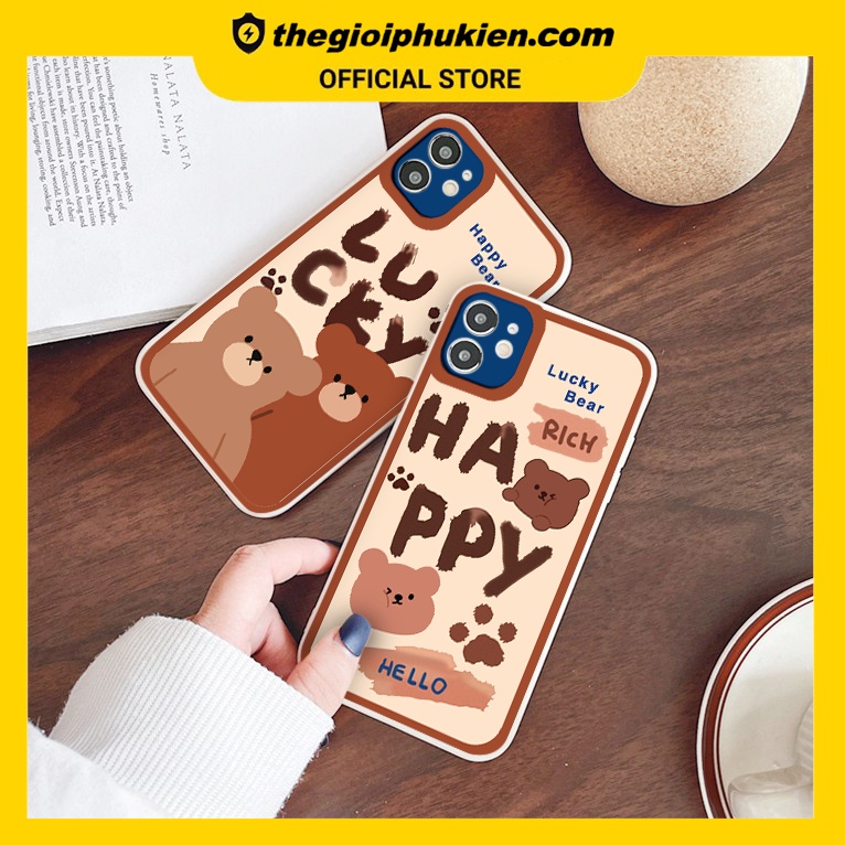 Ốp iphone - Ốp lưng iphone cạnh vuông viền camera bear happy dành cho ip 6 đến 14promax - g69