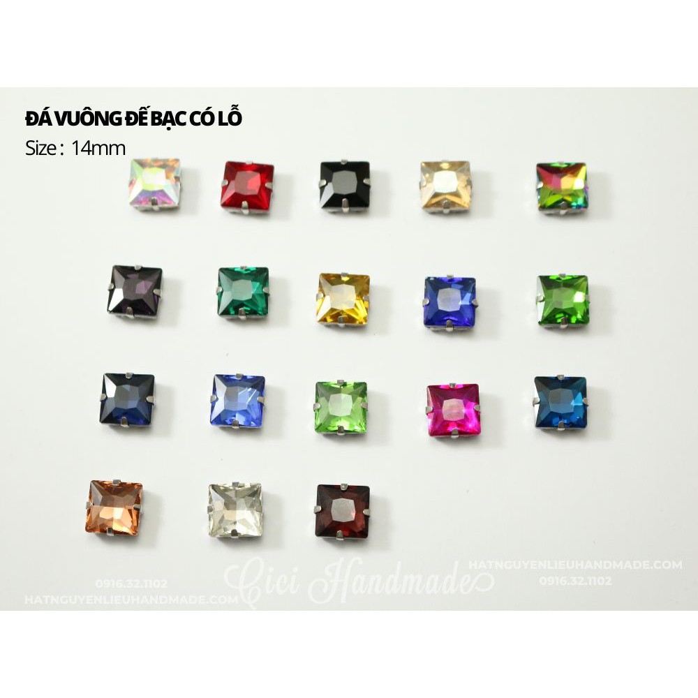 Set 10 hạt đá vuông đế bạc có lỗ khâu size 12mm và 14mm Cici Handmade chuyên hạt đá hạt pha lê hạt cườm hạt trang sức
