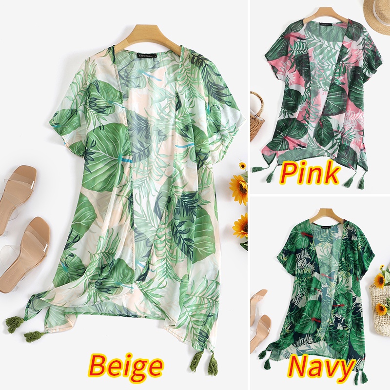 Áo khoác cardigan Zanzea tay cánh dơi cổ chữ V họa tiết hoa lá nhiệt đới hợp thời trang cho nữ