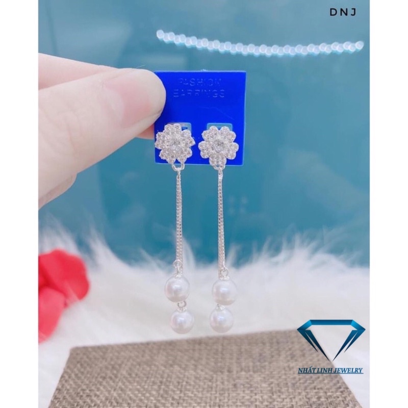Bông tai nữ bạc thật dáng dài đính đá nhỏ sang chảnh - Kho sỉ bạc Nhất Linh