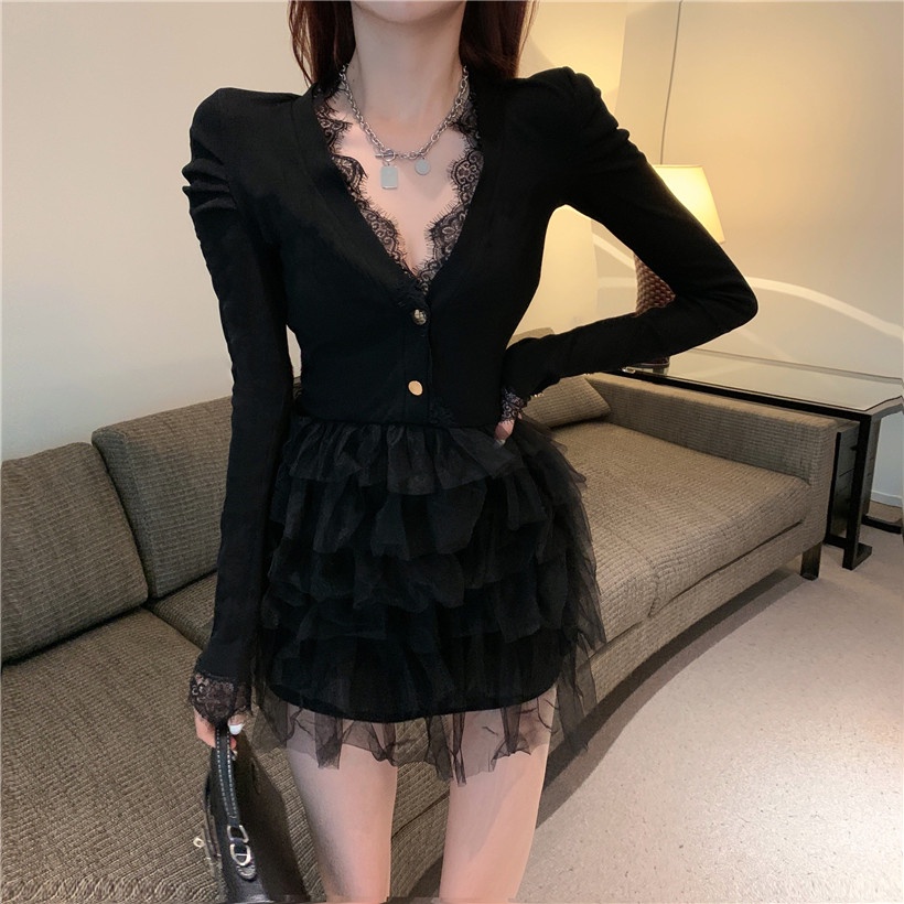 Đầm thun cổ V phối chân voan tua rua sang chảnh , váy ôm gợi cảm Đ842