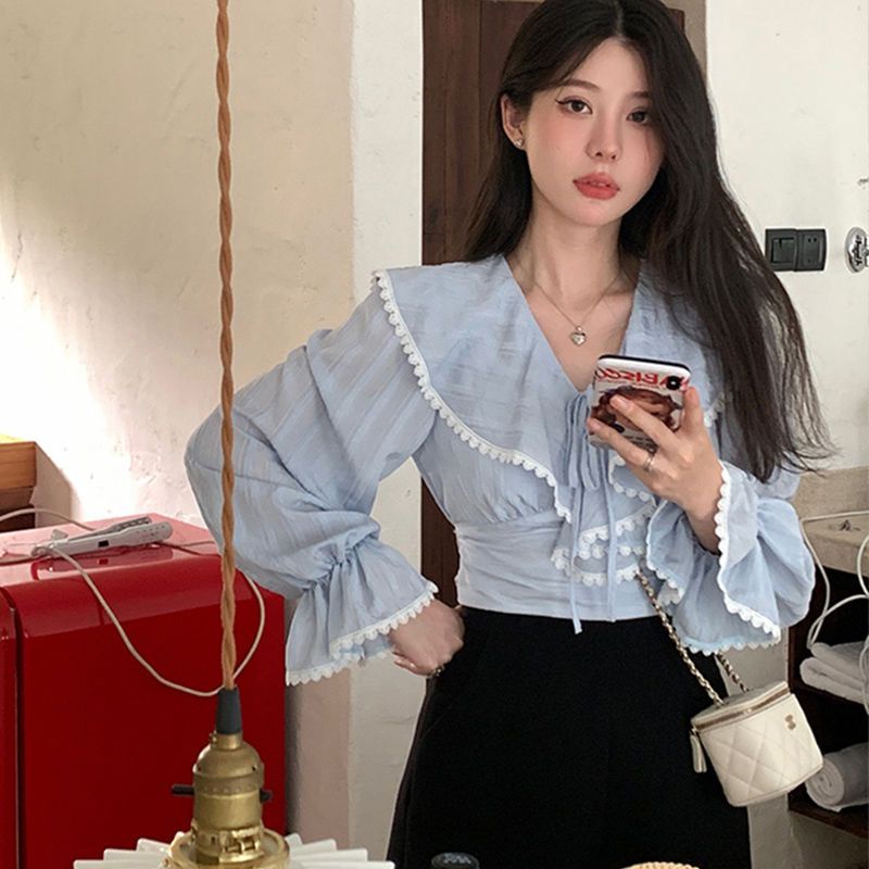 Ao babydoll Áo Thun Tay Dài Dáng Ôm Ngắn Phong Cách Pháp Thời Trang Mùa Thu Nhẹ Nhàng Niche Lac