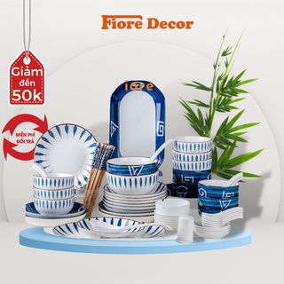 Bộ bát đĩa sứ, set bát đĩa sứ cao cấp sứ phong cách Nhật viền nâu 70 món cho gia đình làm quà tân gia sang trọng fiore