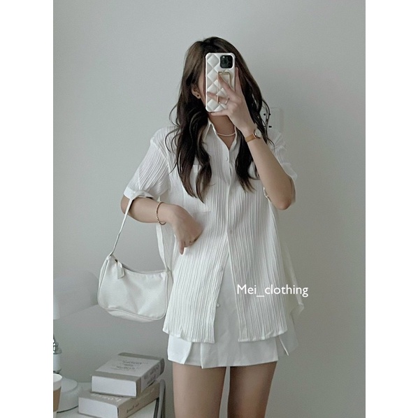 Áo sơmi gân tay lỡ xẻ lưng cách điệu, sơ mi nữ gợn sóng buộc nơ lưng A4