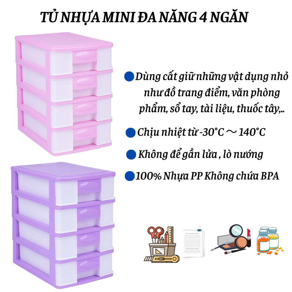 Tủ nhựa đa năng 4 ngăn đựng đồ để bàn tiện dụng tiết kiệm không gian 100% nhựa PP Đại Đồng Tiến an toàn sức khỏe