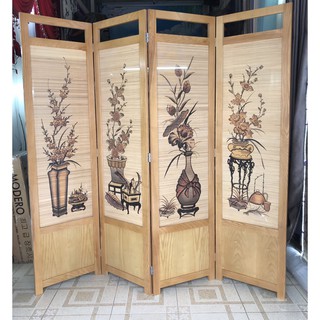 Bình phong khung gỗ tự nhiên nền mành