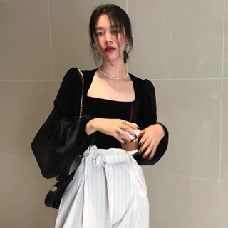 Áo nhung dài tay cổ vuông