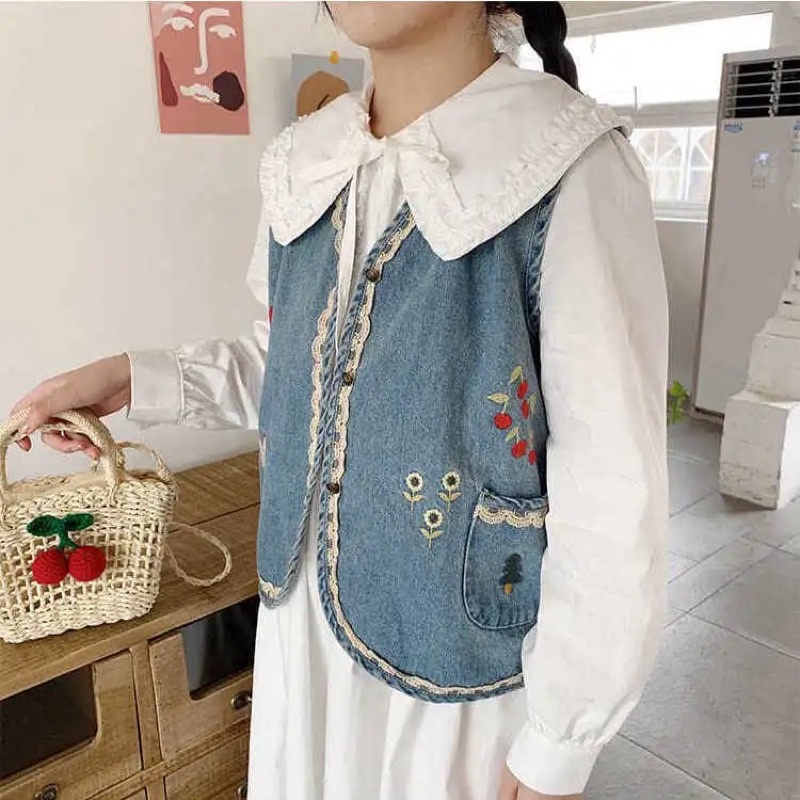 Áo gile jeans thêu đáng yêu viền ren có túi trước phong cách ulzzang retro kèm ảnh thật