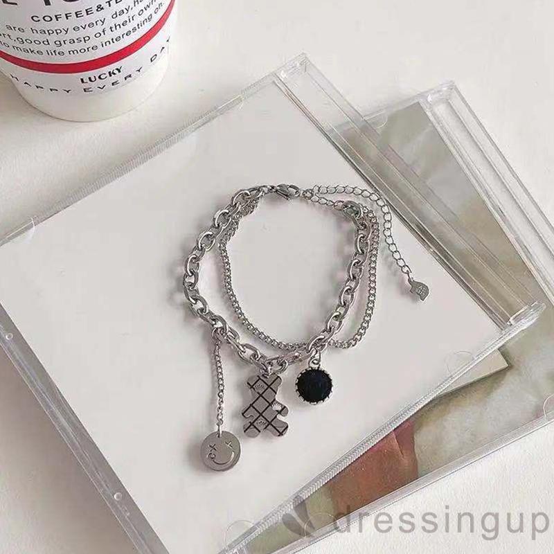 Dây chuyền ngắn hai lớp mặt hình gấu và mặt cười thiết kế đơn giản dành cho bạn nữ