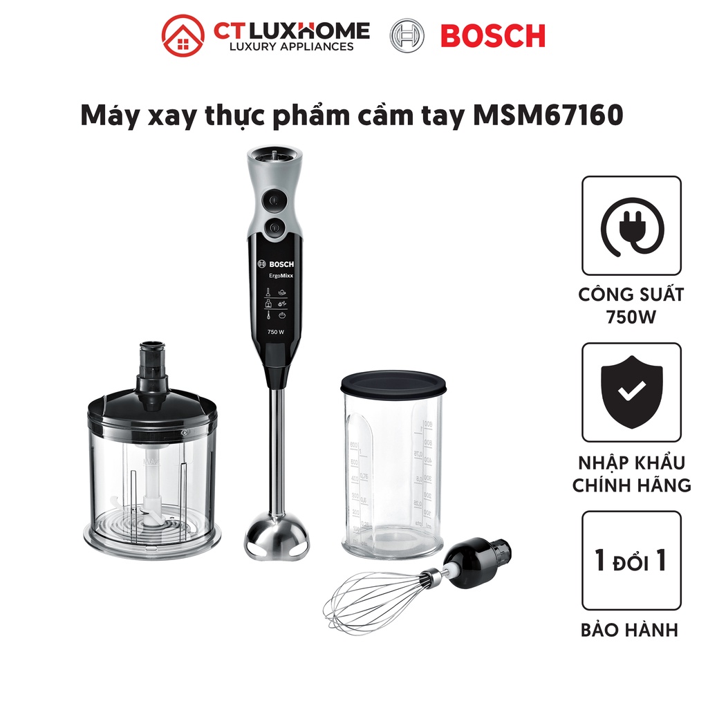 Máy xay thực phẩm cầm tay Bosch MSM67160 12 cấp độ, 750W, 220V, 50/60Hz, Kèm cây đánh trứng