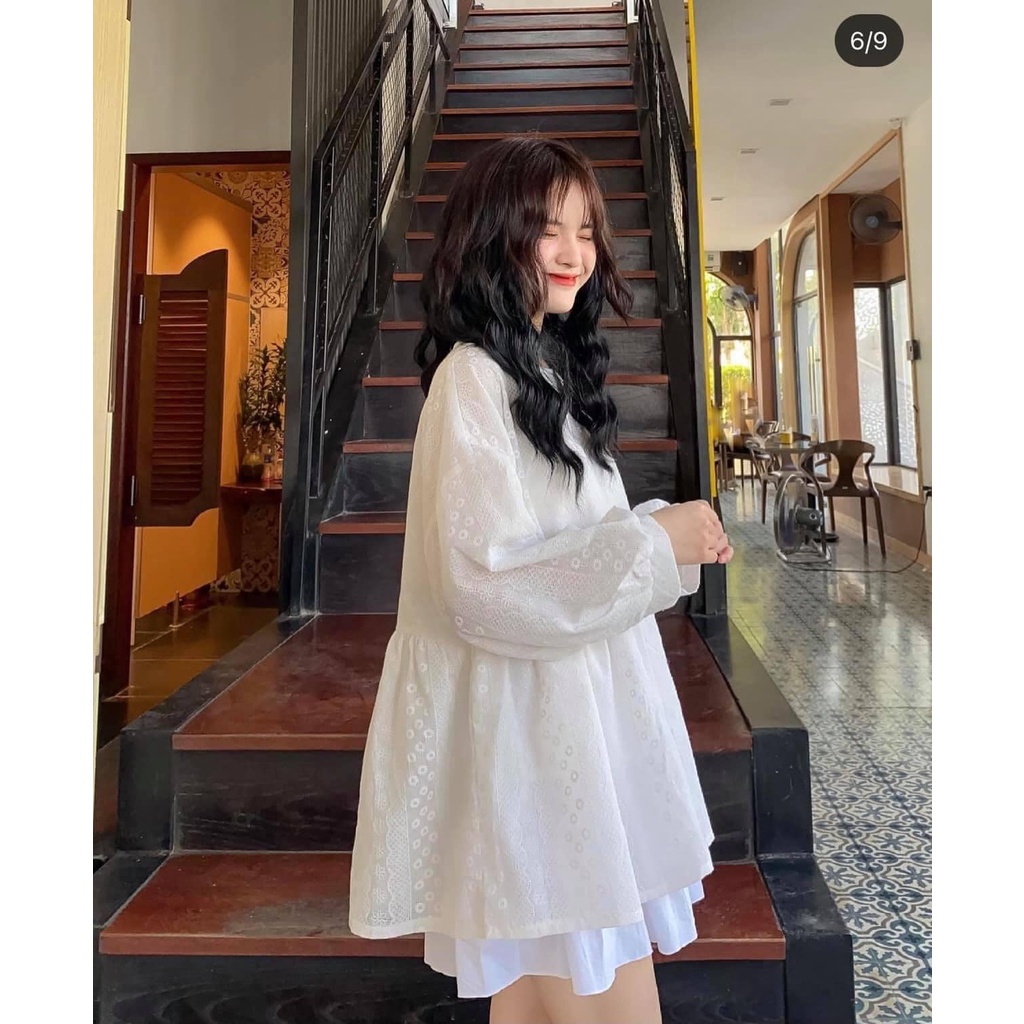 Áo babydoll hoa nhí tay phồng 2 màu xanh/trắng dễ thương (kèm video/ảnh thật) Xưởng Sỉ Nguyễn Hoa