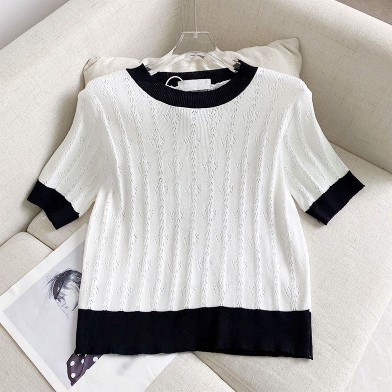 Brroa Áo Sweater Dệt Kim Tay Ngắn Phồng Màu Trơn Viền Gân Khoét Rỗng Mùa Hè Cho Nữ Lig