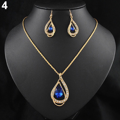 Bộ dây chuyền + hoa tai đính đá pha lê hình giọt nước màu vàng thời trang dự tiệc cho nữ