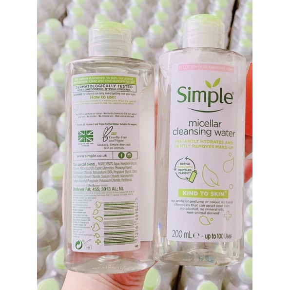 01 Nước Tẩy Trang Không Cồn Simple Kind To Skin Micellar Cleansing Water 200ml