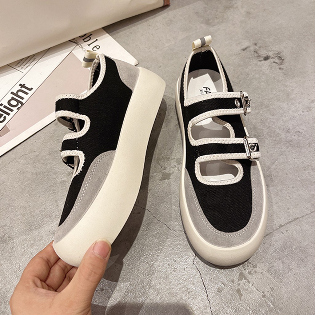 Giày vải bata nữ giayBOM đế bánh mì cao 3 cm quai khóa cài B1198