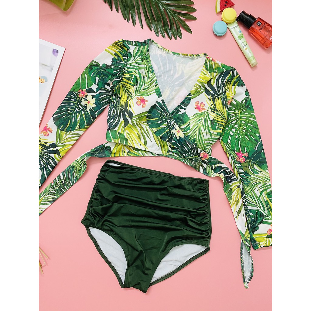 Đồ bơi Bikini hai mảnh dài tay 🏖️Freeship🏖️ họa tiết hoa lá xanh quần cạp cao mặc đi biển đi bơi mới nhất