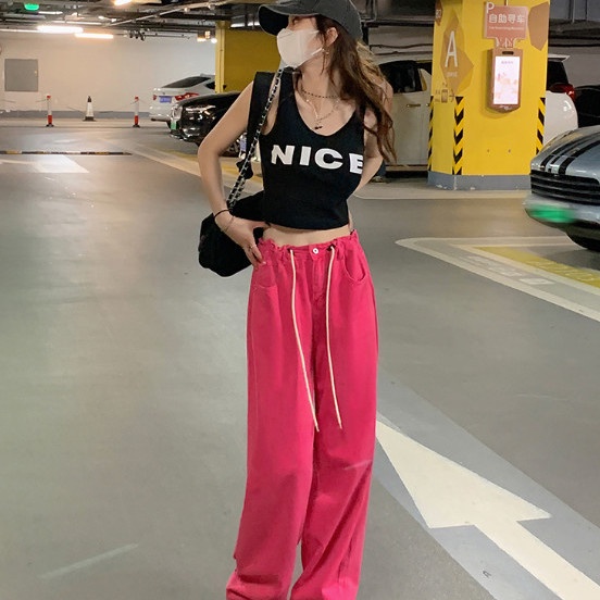 Quần Jean Nữ Ống Rộng Lưng Cao Màu Hồng Thời Trang Xuân Hè Mới