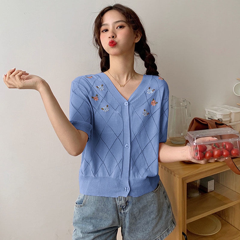 Áo Dệt Kim Tay Ngắn Thêu Họa Tiết Xinh Xắn 175286 Áo Len Mỏng Khoét Lỗ Thời Trang Dành Cho Nữ