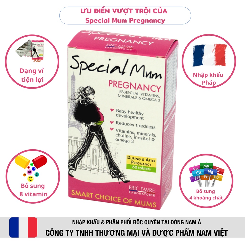 Viên Special Mum Pregnancy ♥ Bổ sung Vitamin tổng hợp cho mẹ bầu trước và sau sinh ♥ Hộp 60 viên nén [Eric Favre - Pháp]