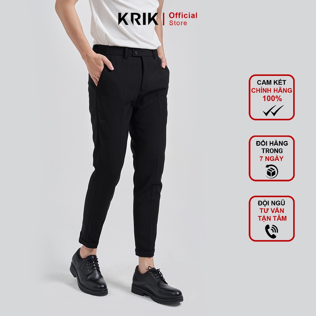 Quần Âu Nam KRIK Dáng Ngắn Đen Trơn Form Slimfit Côn Sẵn Xắn Gấu 0015