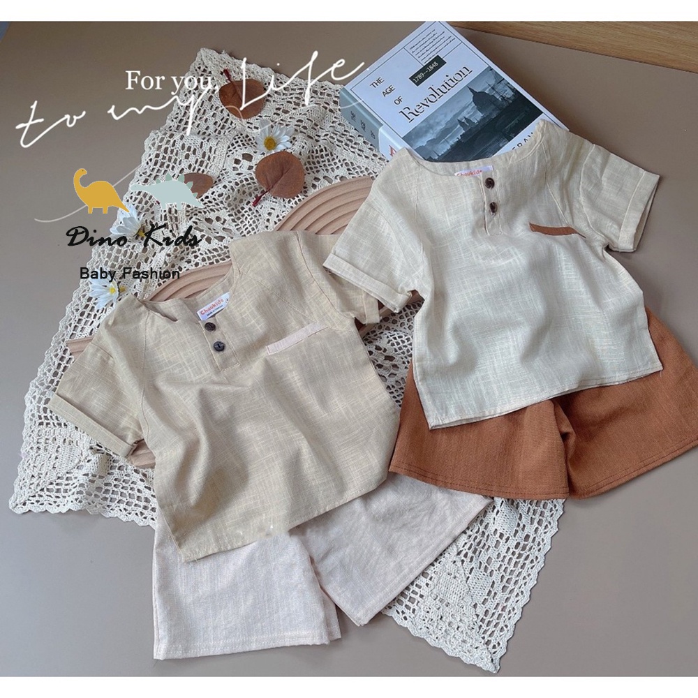 Bộ cộc tay bé trai phong cách vintage, bộ đũi cổ tàu 2 cúc ngực cho bé
