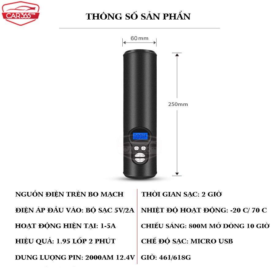 Máy bơm hơi ô tô cầm tay mini di động Màn Hình LCD CAR365 dùng pin sạc thông minh cao cấp - CAR33