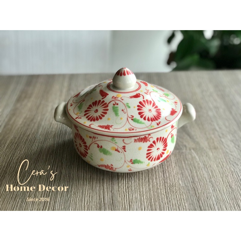 Thố cơm men rạn cổ Gốm Bát Tràng hoạ tiết hoa cúc dây đỏ vẽ tay