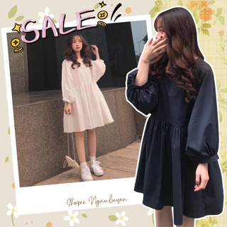 V007 Váy Babydoll trắng trơn tay bồng dáng xòe chụp ảnh đi chơi, đầm bầu tay phồng form rộng cute dễ thương trẻ trung