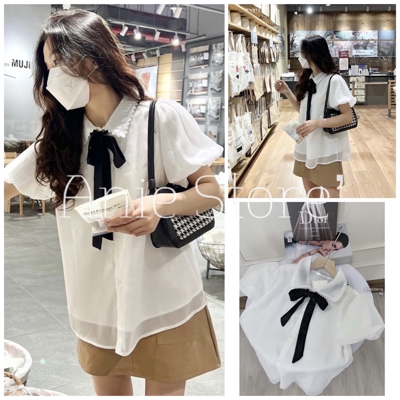 Áo Sơ Mi Babydoll Nữ Voan Tơ Phối Nơ Cổ 🦋 Áo Trắng Nữ Cộc Tay Nơ Đính Ngọc Cổ Phối Ren 🦋