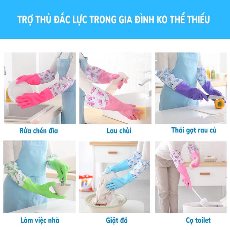 Găng Tay Cao Su Dài Hamart Bao Tay Rửa Chén Cao Su Lót Nhung Cao Cấp [TẶNG BỌT BIỂN]