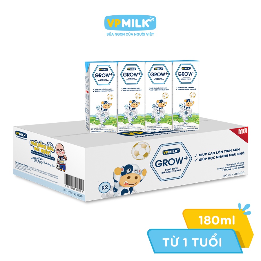 Sữa tiệt trùng VPMilk Grow+ hộp 180ml (thùng 48 hộp)