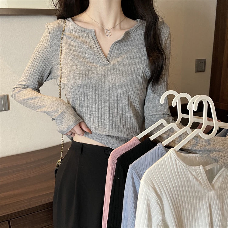 Áo Thun Tay Dài Cổ Chữ V Màu Trắng/Đen/Xám Phong Cách Hàn Quốc Cho Nữ