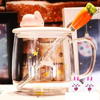[CÓ SẴN] LY CỐC THUỶ TINH UỐNG NƯỚC ĐỂ BÀN NẮP THỎ DỄ THƯƠNG VÀ MUỖNG CÀ RỐT 420ml