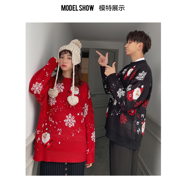 Áo sweater Dệt Kim Dày Dáng Rộng In Họa Tiết Ông Già Noel Thời Trang Thu Đông 2021 Cho Cặp Đôi
