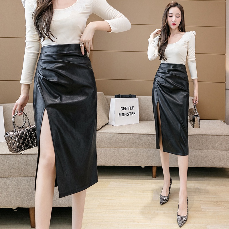 Chân Váy Da Xếp Li Màu Đen Dáng Ôm Lưng Cao Thời Trang Quyến Rũ Cho Nữ