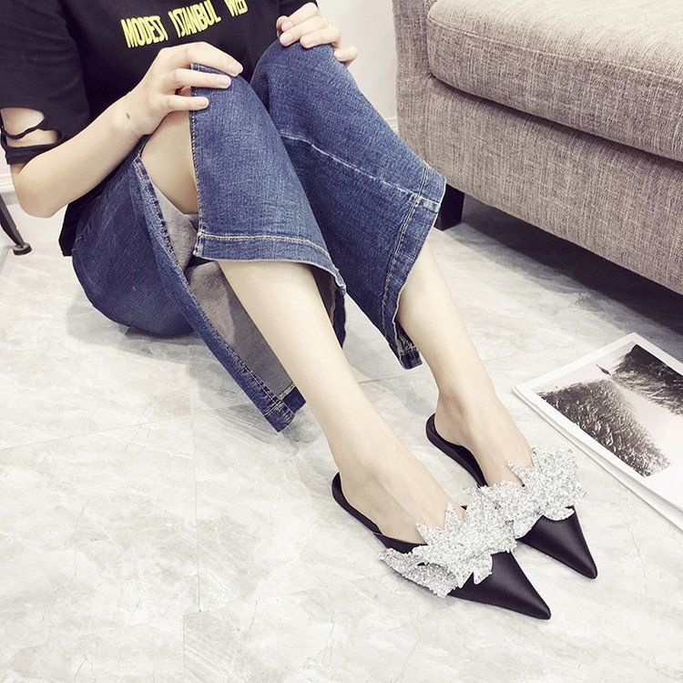 Women's closed-toe slippers summer new outdoor flat shoes Pearl Internet celebrity fashion all-match slip-on slippers 866L