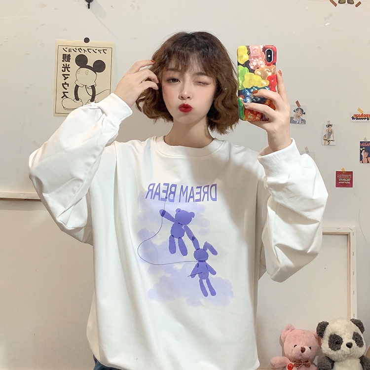 ZHELIHANGFEI Áo Sweater Dáng Rộng Họa Tiết Gấu Hoạt Hình Xinh Xắn