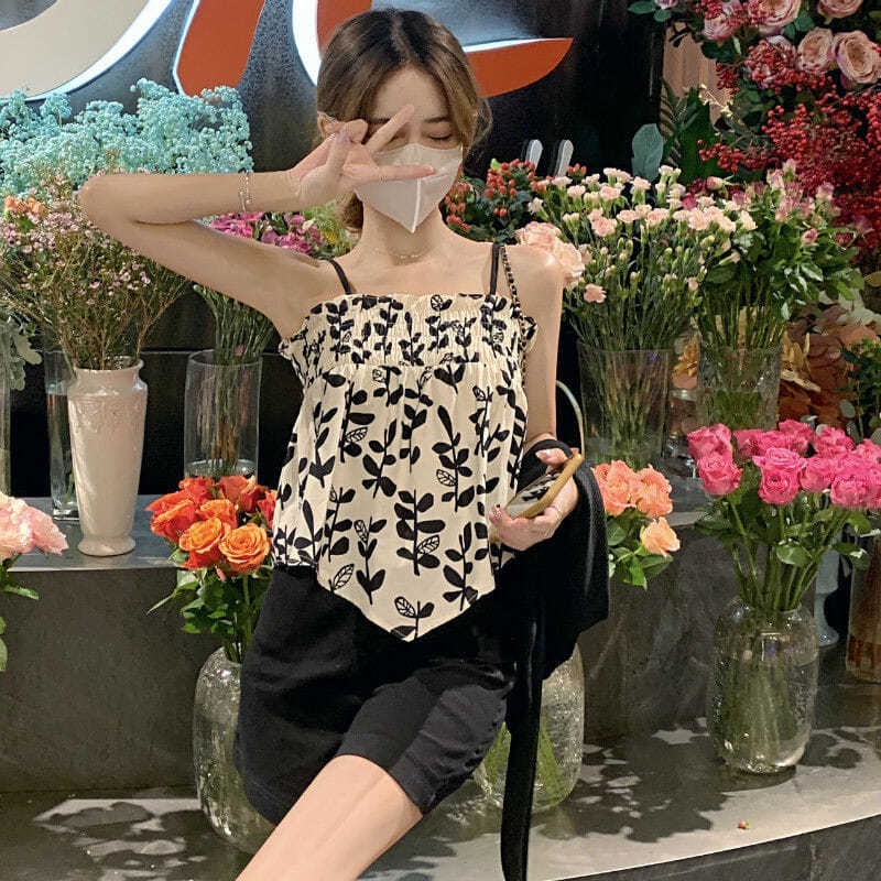 Áo Hai Dây Xếp Ly In Họa Tiết Vintage Thời Trang Mùa Hè Cho Nữ