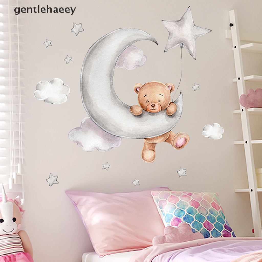 Sticker Dán Tường Họa Tiết Hoạt Hình Chú Gấu Nằm Trên Mặt Trăng Và Ngôi Sao Cho Phòng Bé Trai