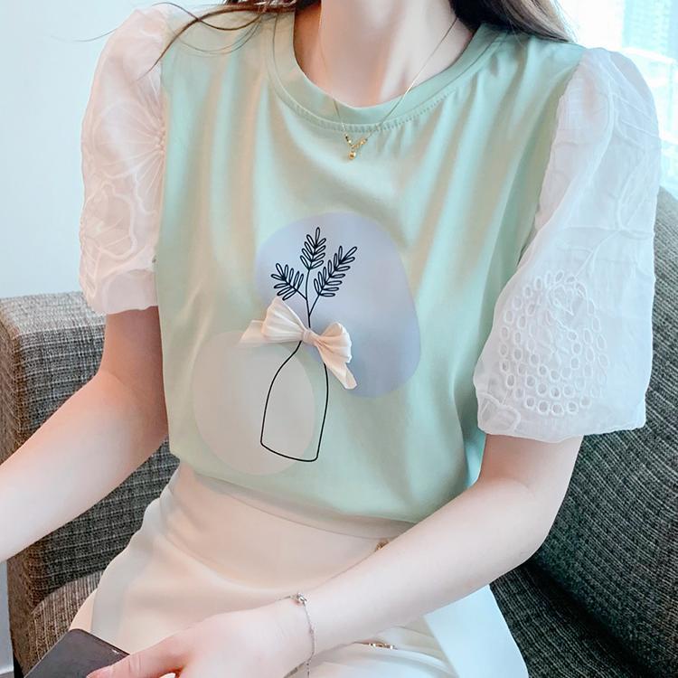 Áo Thun Cotton Mùa Hè Tay Ngắn Phối Ren Đính Nơ Phong Cách Phương Tây Kiểu Mới